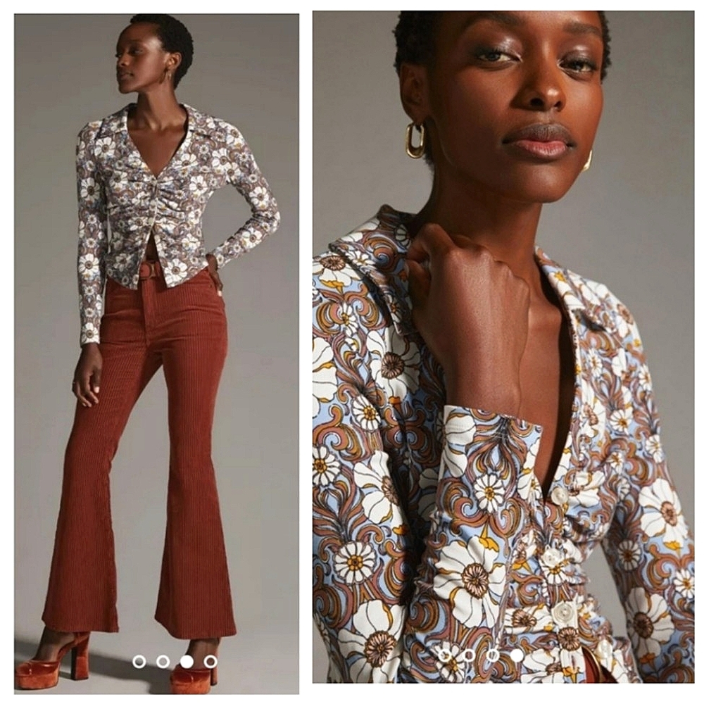 Anthopologie Maeve Floral 70s Ruched Shirt Size XL